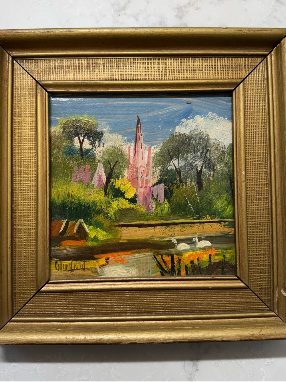 Framed Hand-Painted Landscape Art in Gold Frame - Pink Church & Green Foliage